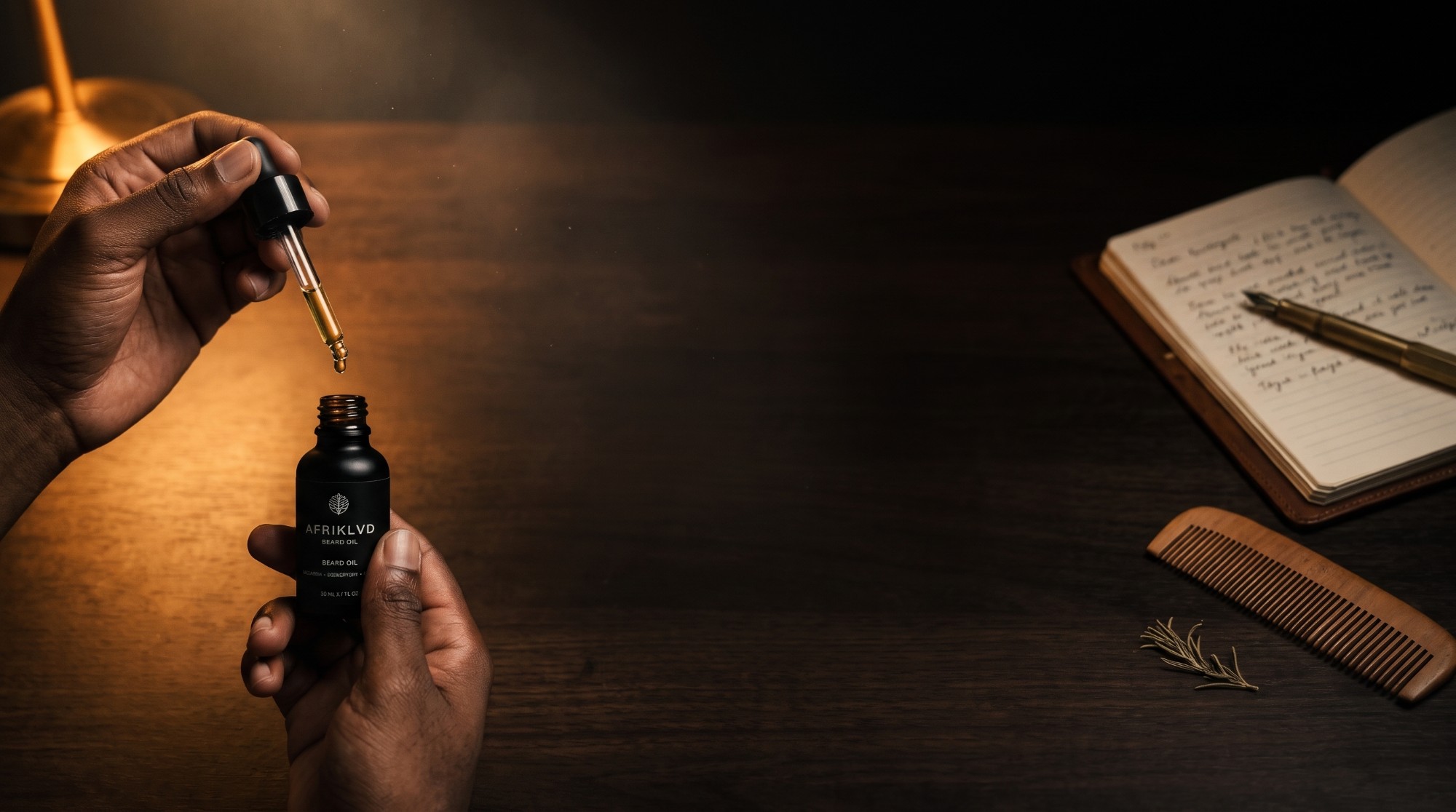 Hands holding an Afriklad beard oil dropper bottle on a dark wooden desk beside a notebook and comb
