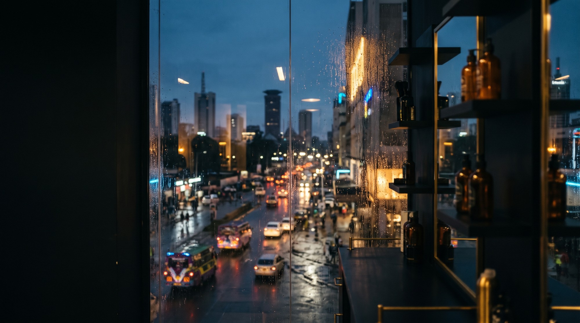Rainy Nairobi street at dusk seen through a shop window, with amber grooming bottles on a shelf